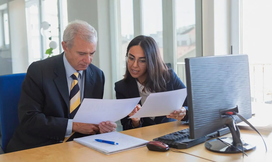 Two lawyers reviewing documents for a client.