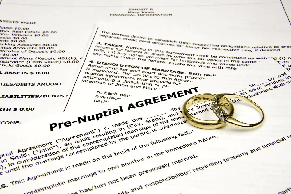 Prenuptial papers under a pair of wedding rings