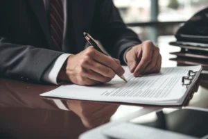 An attorney signing documents.