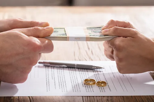 Two people tugging on a stack of money.