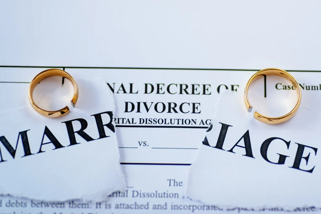 A ripped up marriage certificate with two gold rings.