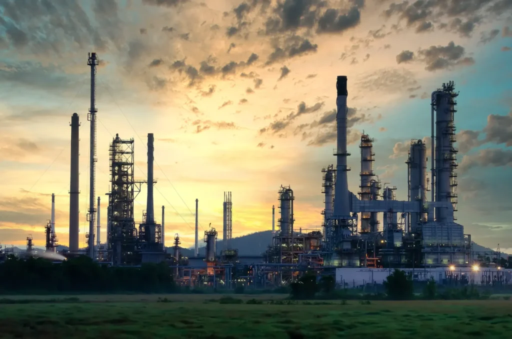 Industrial oil refinery at sunset, representing complex legal issues in oil, gas, and energy litigation.